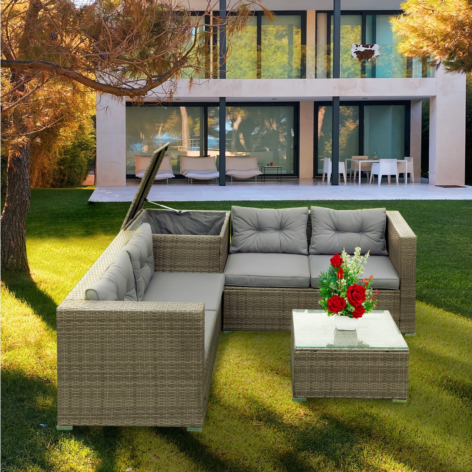 4 Pieces Outdoor Patio Sectional Sofa Set, All Weather PE Wicker Rattan
