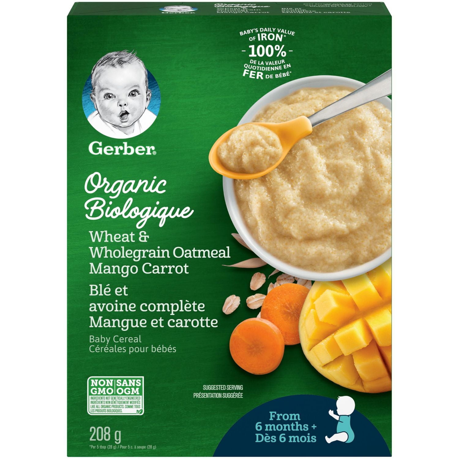 GERBER® Organic Wheat & Wholegrain Oat Mango Carrot, Baby Cereal 208 g