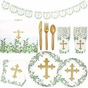 -Piece Baptism & Confirmation Party Decorations & Tableware Set - Gold Cross with Green Border - 24 Plates, Cups, Napkins, Cutlery, Tablecloth & Banner$$Home Decor, Kitchen, & Other