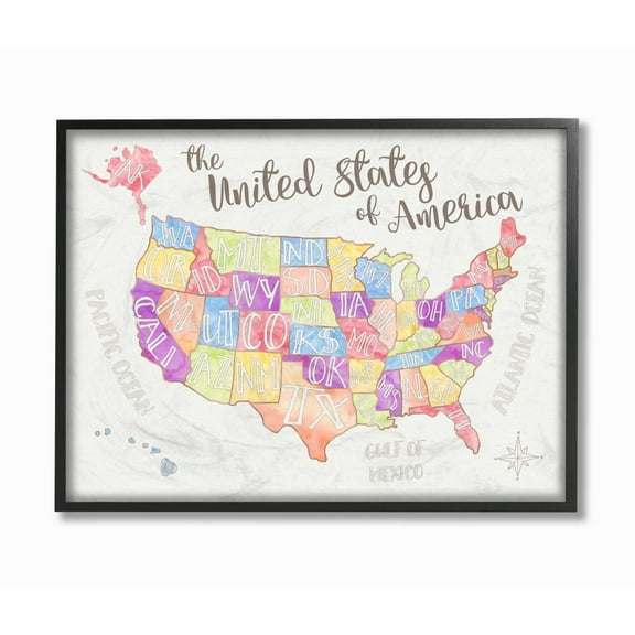 The Kids Room by Stupell United States US Map Water Color Framed Wall Art by Erica Billups