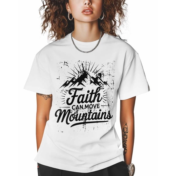 Women's Graphic T-Shirt White M Women's Tops Faith Moves Mountains Crew Neck Short Sleeve Shirts for Women