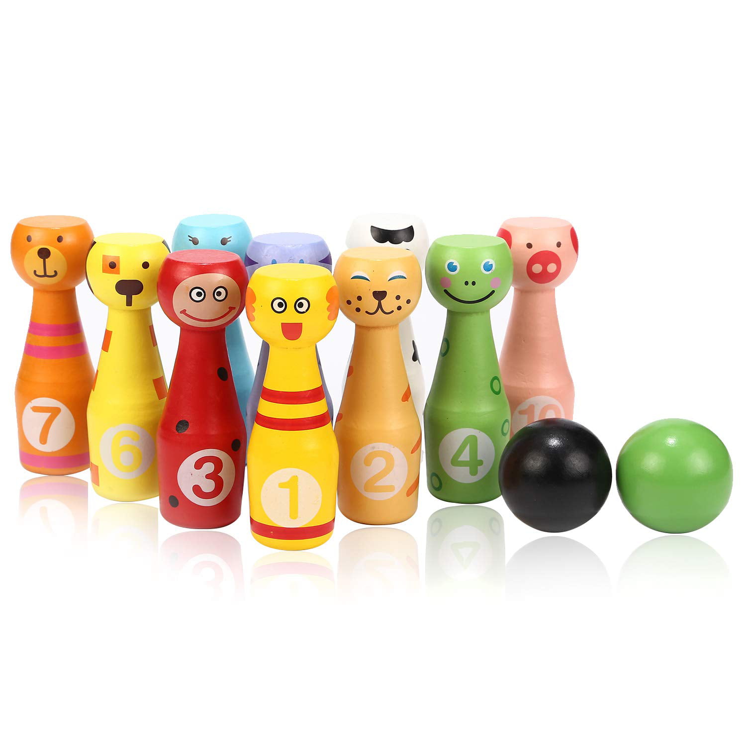 Lewo Large Wooden Bowling Set Kids Skittles Toys For Toddlers With 10 Animal 