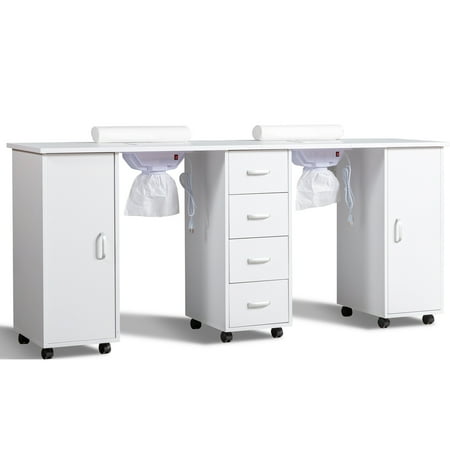 Double Manicure Table with Electric Dust Collector Movable Nail Table Station with Wrist Rest for Nail Tech Beauty Spa Salon White