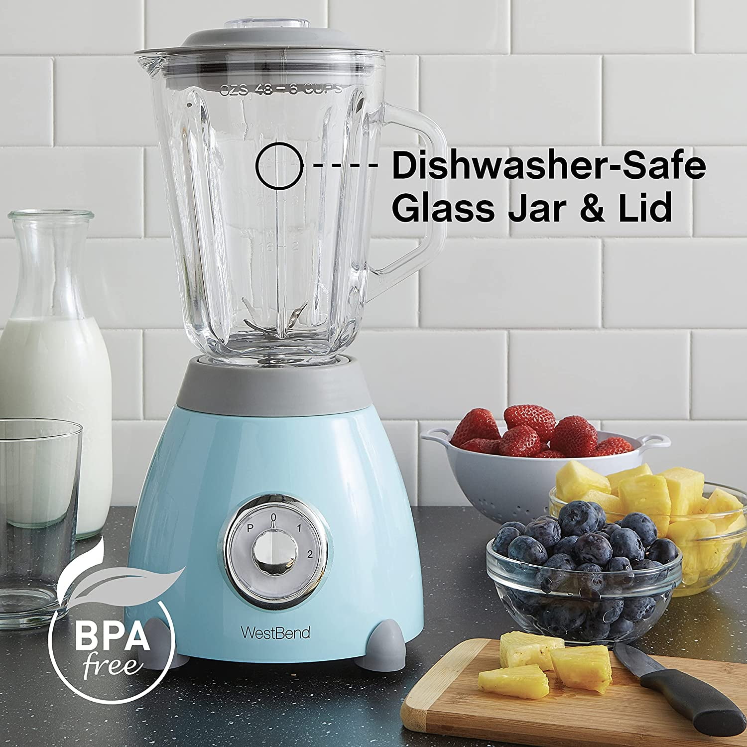 West Bend Retro Style Blender with BPA-Free 48 oz. Glass Jar, Blue