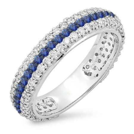 - 1.30 Carat (ctw) 10K White Gold Round White Diamond & Blue Sapphire Ladies Pave Set Anniversary Wedding Eternity Ring Ba