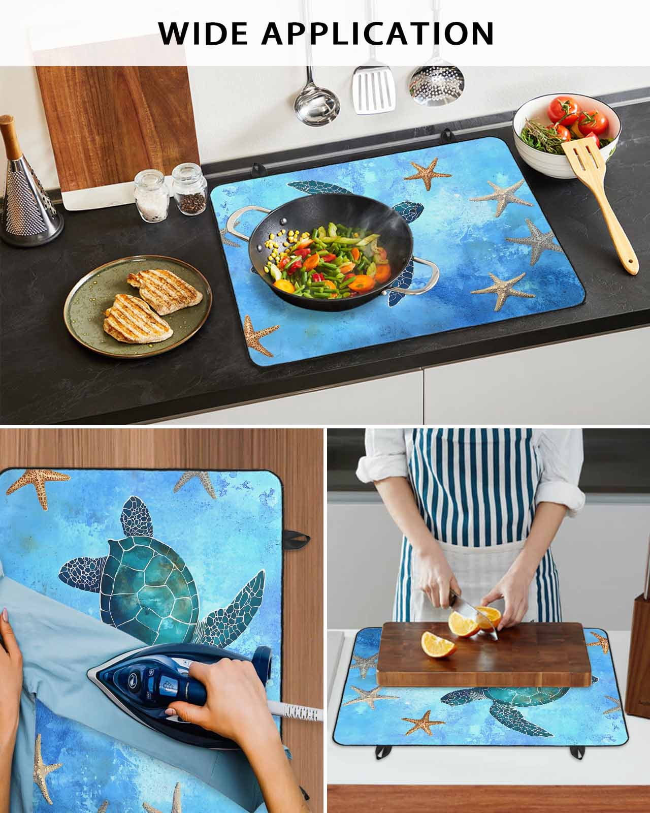 nqOlkjepod Large Induction Cooktop Protector Mat 36"x21", Turtle Blue Stove Top Covers for Electric Stove, Coastal Ocean Retro Starfish Sea Decorative Stove Burner Cover Mats, Glass Top Stove Cover