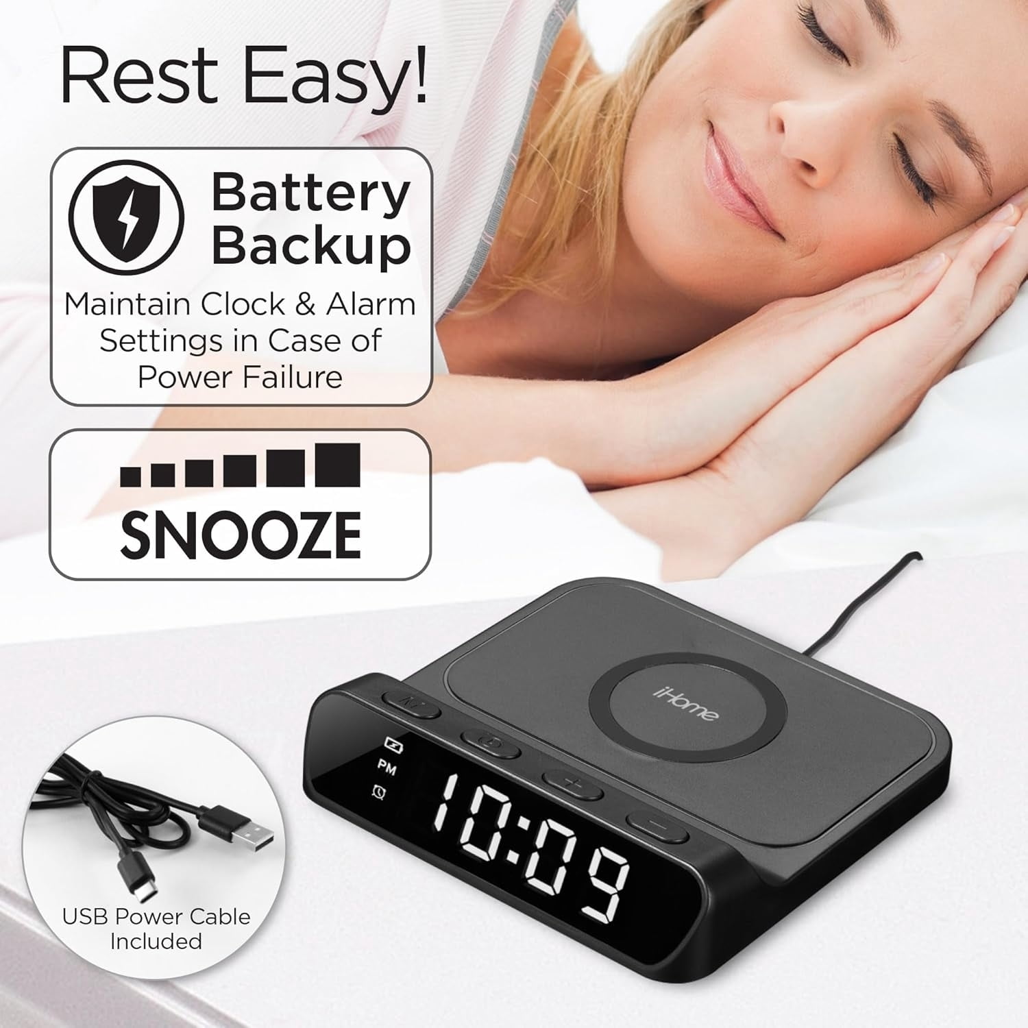 Open Box iHome iW14 Alarm Clock with Wireless Charger for iPhone, Android, and More - Black IW14B.EXV24