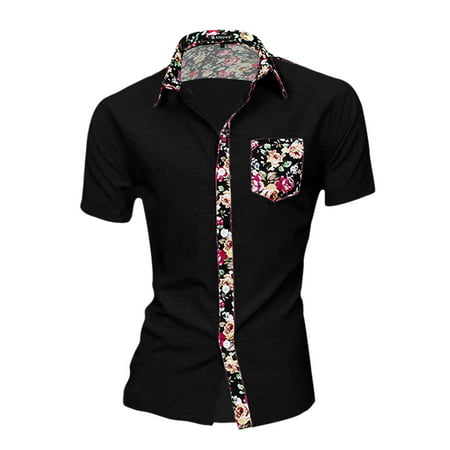 Men Short Sleeve Floral Prints Casual Button Down Shirts Black