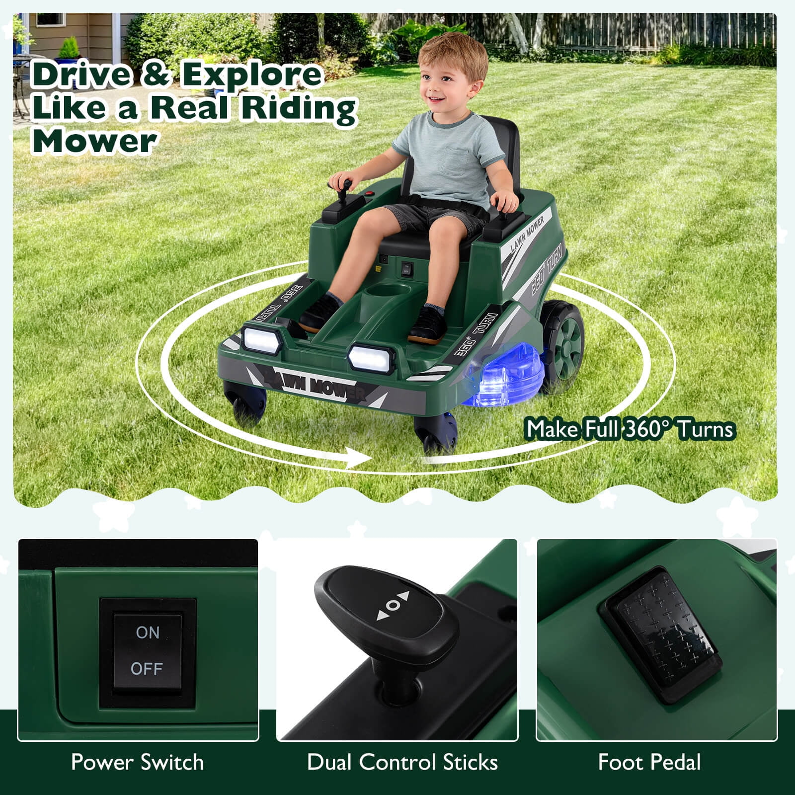 Costway 12V Ride on Lawn Mower with Dual Control Sticks LED Lights Twist Turn for Aged 3-8 Green