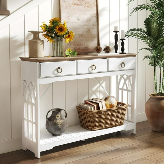 43" Console Tables with Drawers,Farmhouse Entryway Table with Shelf and Solid Wood Legs,Narrow Long Rustic Vintage Sofa Foyer Tables for Entryway,White