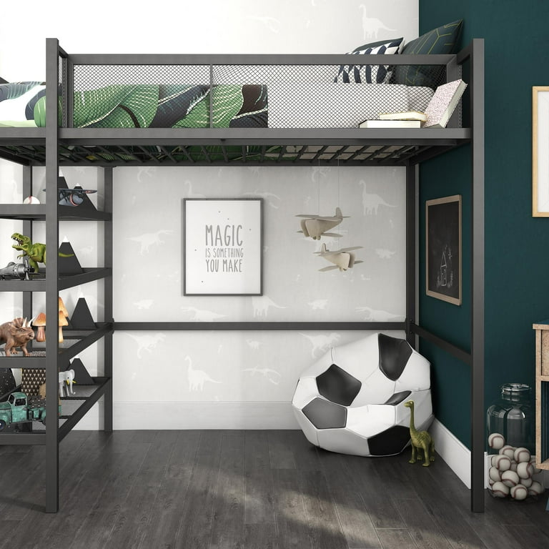 Mainstays Metal Storage Loft Bed with Book Case Black Twin
