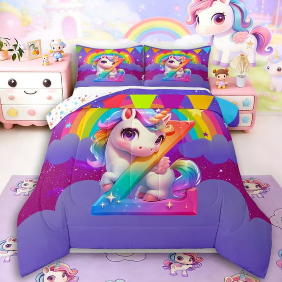 Manfei Kawaii Unicorn 2pcs Bedding Comforter Set,Personalized Initial Twin Comforter Sets,Gradient Rainbow Breathable Bedding Set,Super Cozy Animal Room Decorative,Reversible
