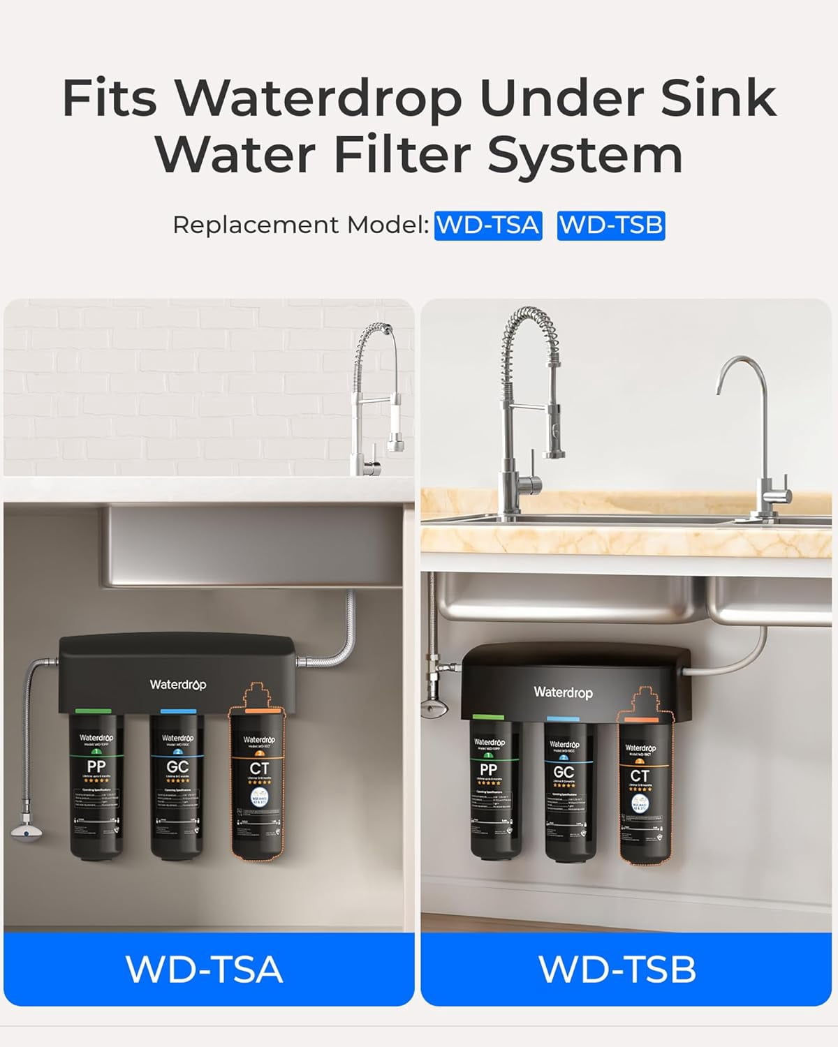 Waterdrop WD-10CT Under Sink Water Filter, Replacement TSA & TSB 3-Stage Under Sink Water Filter System