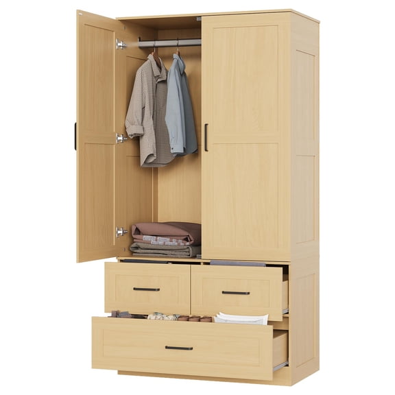 Wooden Armoire Wardrobe Closet – Freestanding with 2 Doors, 3 Drawers & Hanging Rod – Space-Saving Storage for Bedroom