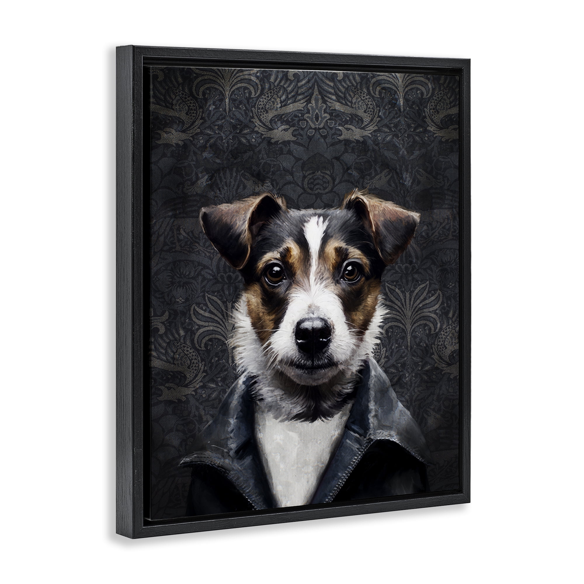 Stupell Industries Dog with Ornate Background Animals Painting Black Floater Framed Canvas Art Print Wall Art, 17 x 21