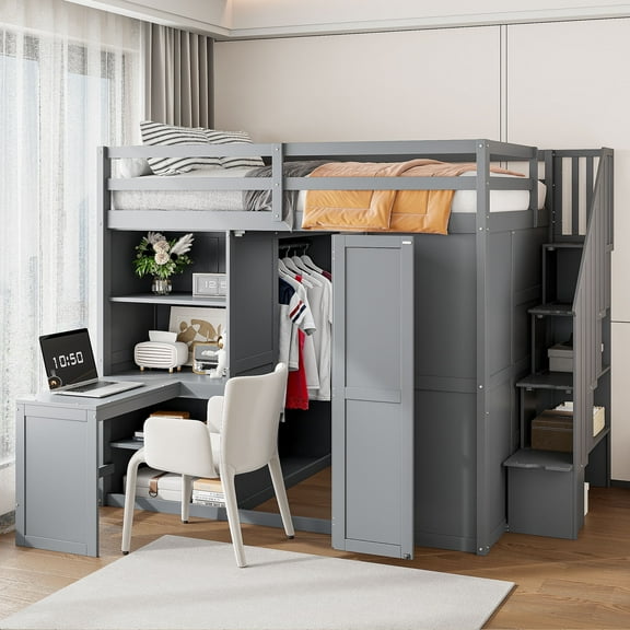 Harper & Bright Designs Full Size Loft Bed with Stairs and Desk, Wood Full Loft Bed with Wardrobe & Storage Shelves, Full Storage Bed, Grey