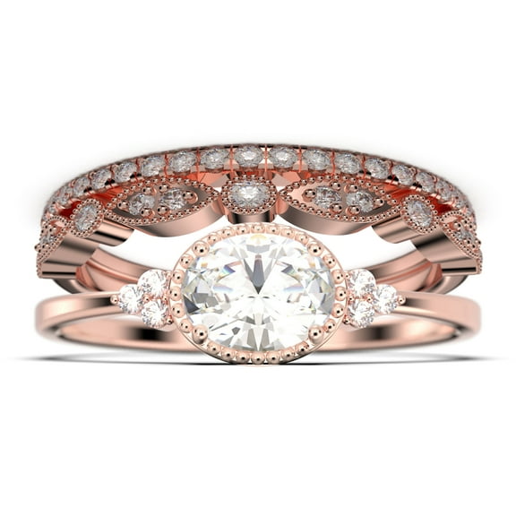 Gorgeous Art nouvea 2.40 Carat Oval Cut Diamond Moissanite Affordable Engagement Ring, Dainty Diamond Moissanite Wedding Ring, Two Matching Band in 925 Sterling Silver With 18k Rose Gold Plating