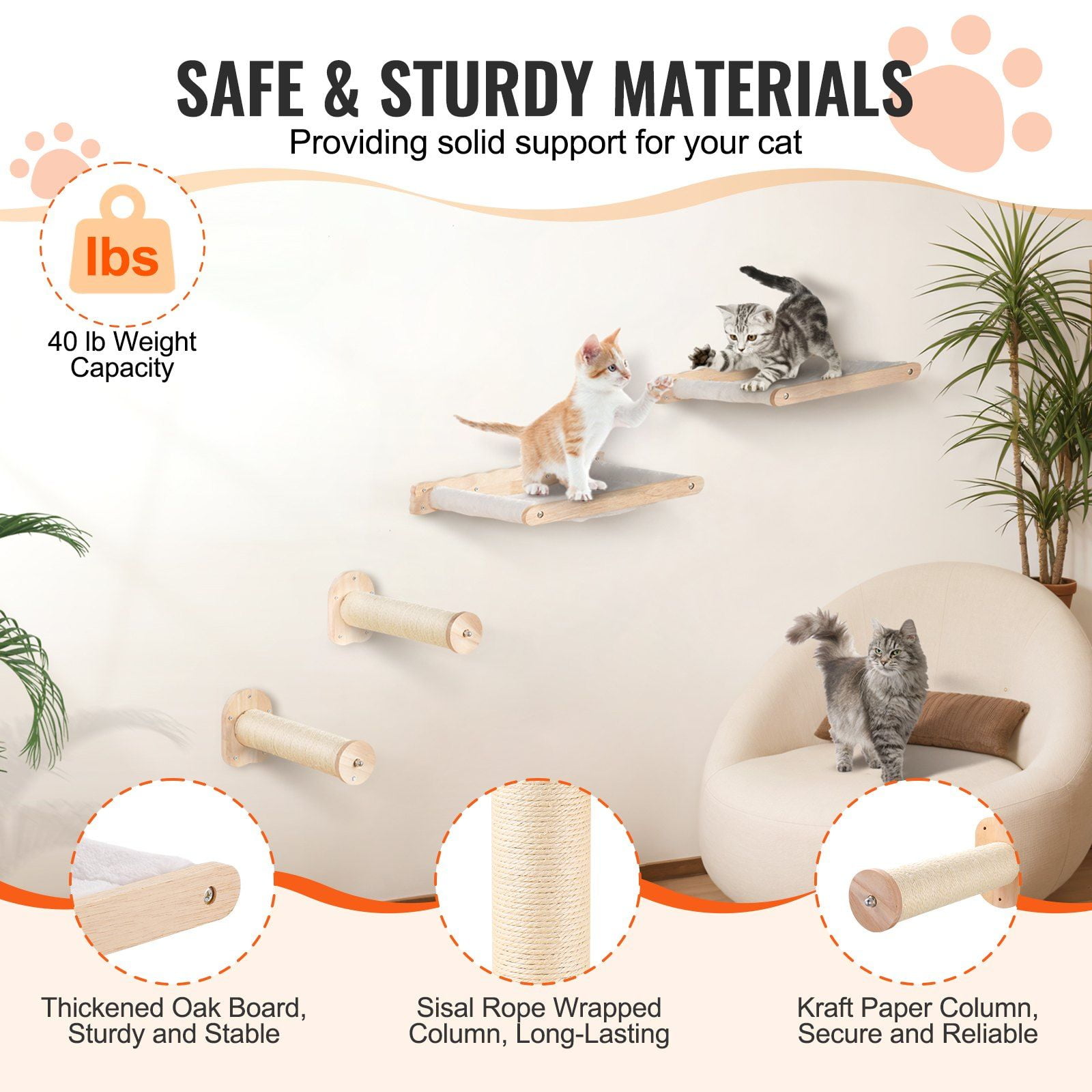 Wall-Mounted Cat Shelves Set - 2 Jumping Posts & 2 Hammocks, Supports 40 lbs, Space-Saving Perch for Cats