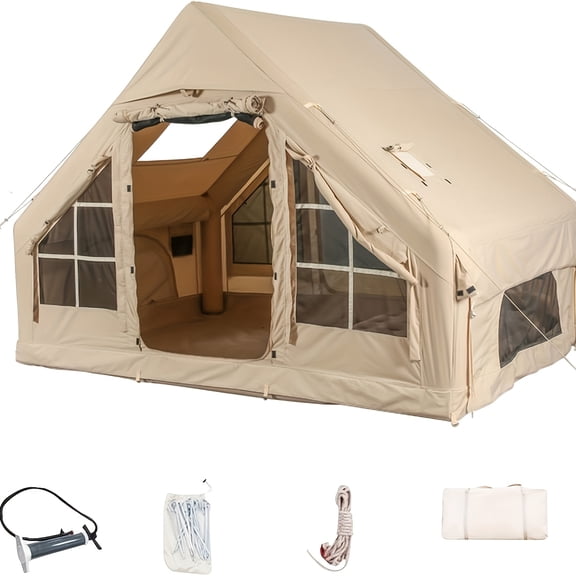 Inflatable Camping Tents With Hand Pump, Air Glamping Tents, Easy SetupWaterproofand Windproof Blow Up Tent, 4 Seasons Oxford Cabin Tent With esh &ChimneyWindow.