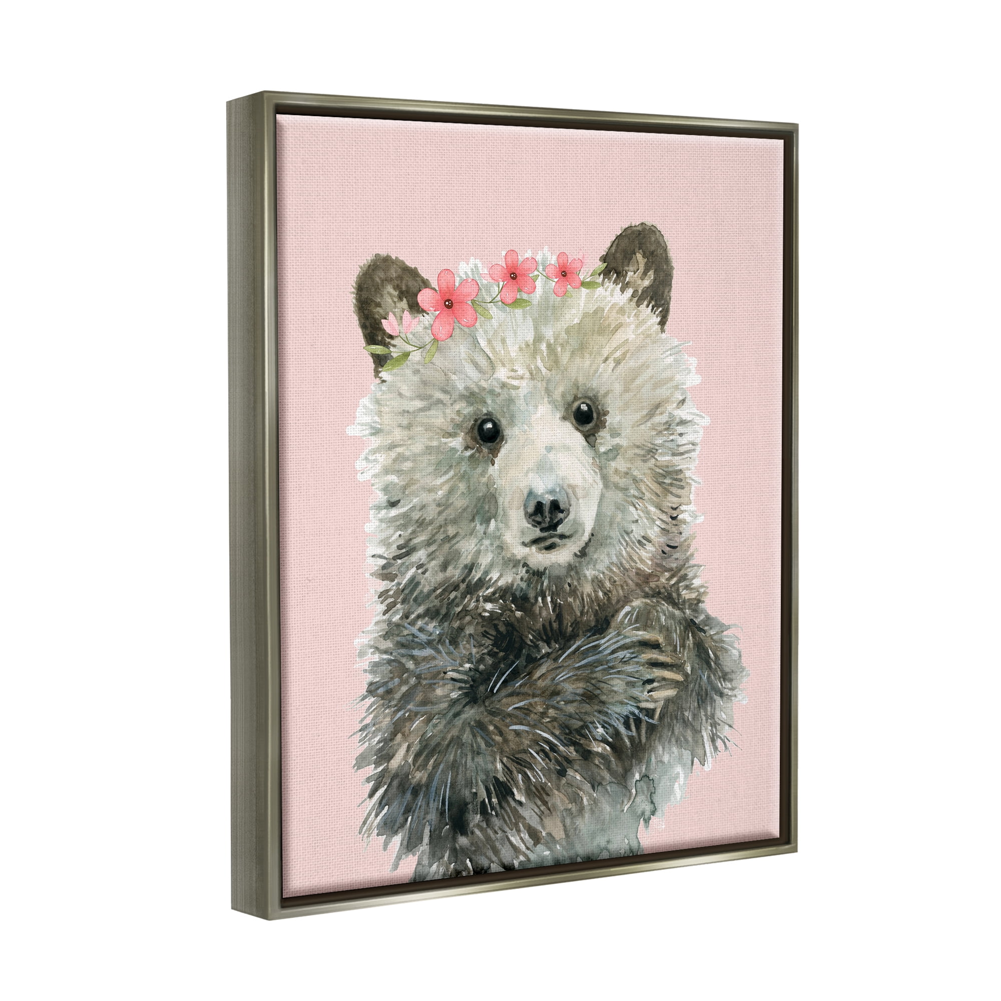 Stupell Industries Fuzzy Bear with Floral Crown Animals & Insects Painting Gray Floater Framed Canvas Art Print Wall Art, 17 x 21