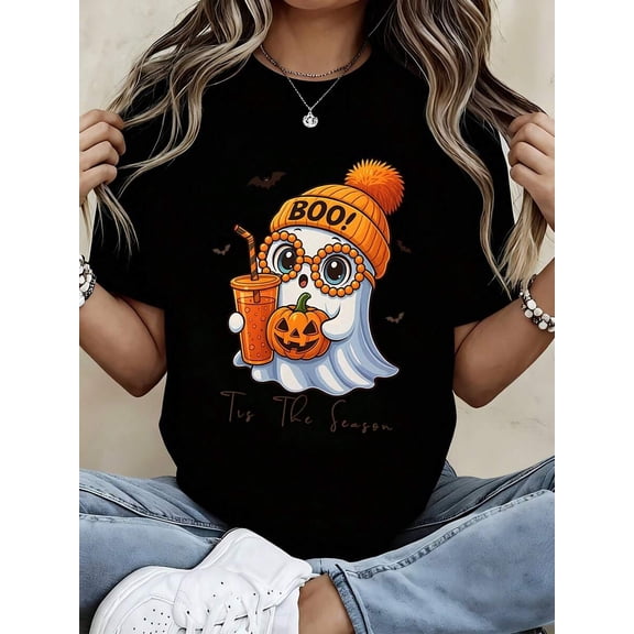 Ghost With Pumpkin, Drink And Knit Hat Halloween Graphic Crew Neck Short Sleeve T‑Shirt, Casual Tops For Women
