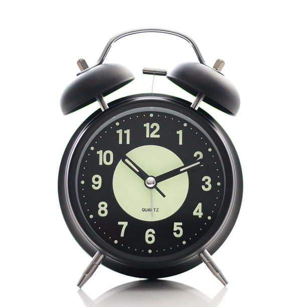 Reloj despertador con doble campana y esfera luminosa de metal negro, 280 g