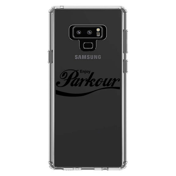 DistinctInk Clear Shockproof Hybrid Case for Samsung Galaxy Note 9 - TPU Bumper Acrylic Back Tempered Glass Screen Protector - Enjoy Parkour