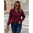 thumbnail image 5 of Women's Autumn and Winter Casual Loose Pullover Quarter Zip Design Ribbed Quilted V-Neck Wine Red M, 5 of 9