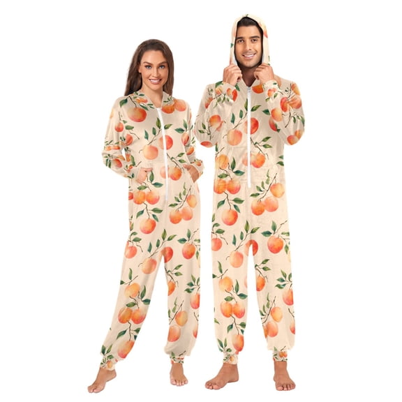 Adult Christmas Onesie Peach Leaves Adult Zipper One-Piece Pajamas Unisex Pajamas with Pockets