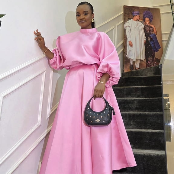 Women Luxury Pink Satin Maxi Dress Stand Turtleneck Lantern Sleeve High Waist Flowy Floor Length Gown