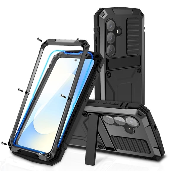 Dteck Metal Heavy Duty Case for Samsung Galaxy S25 FE ,Shockproof Aluminum Silicone Rugged Stand Case with Screen Protector Lens Protection Cover,Black