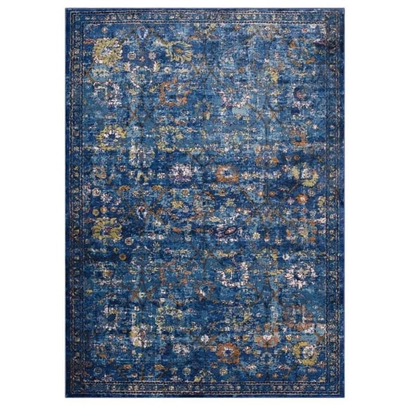 Pemberly Row 5' x 8' Floral Lattice Area Rug in Dark Blue and Yellow