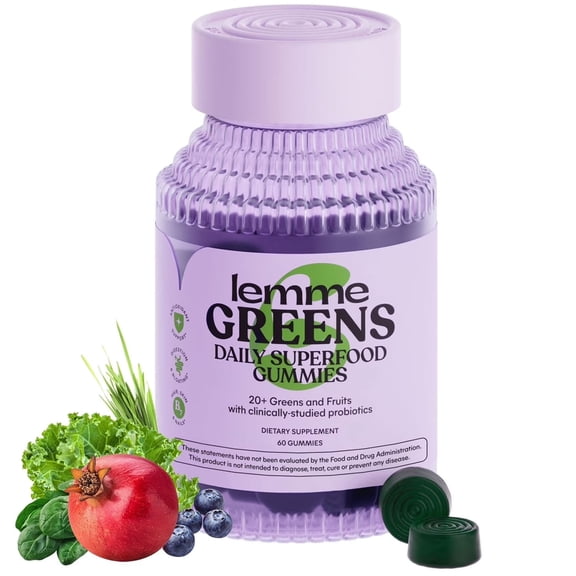Lemme Greens Daily Superfood Gummies with Probiotics, Berries & Greens Flavored, 60 Count