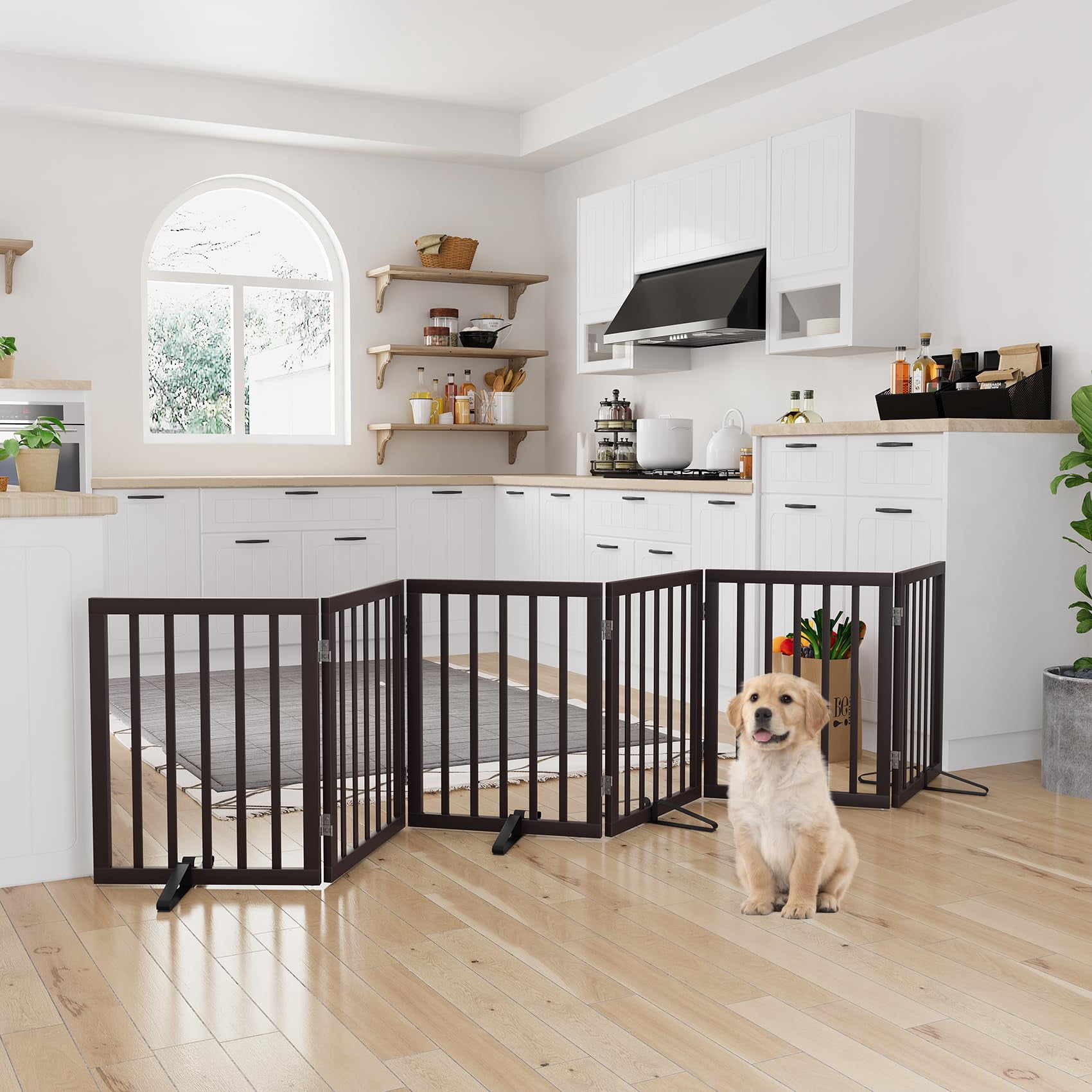 Semiocthome Ultra Wide Foldable Pet Gate for Doorway,Freestanding Dog Gates for Stairs,112.9" Brown