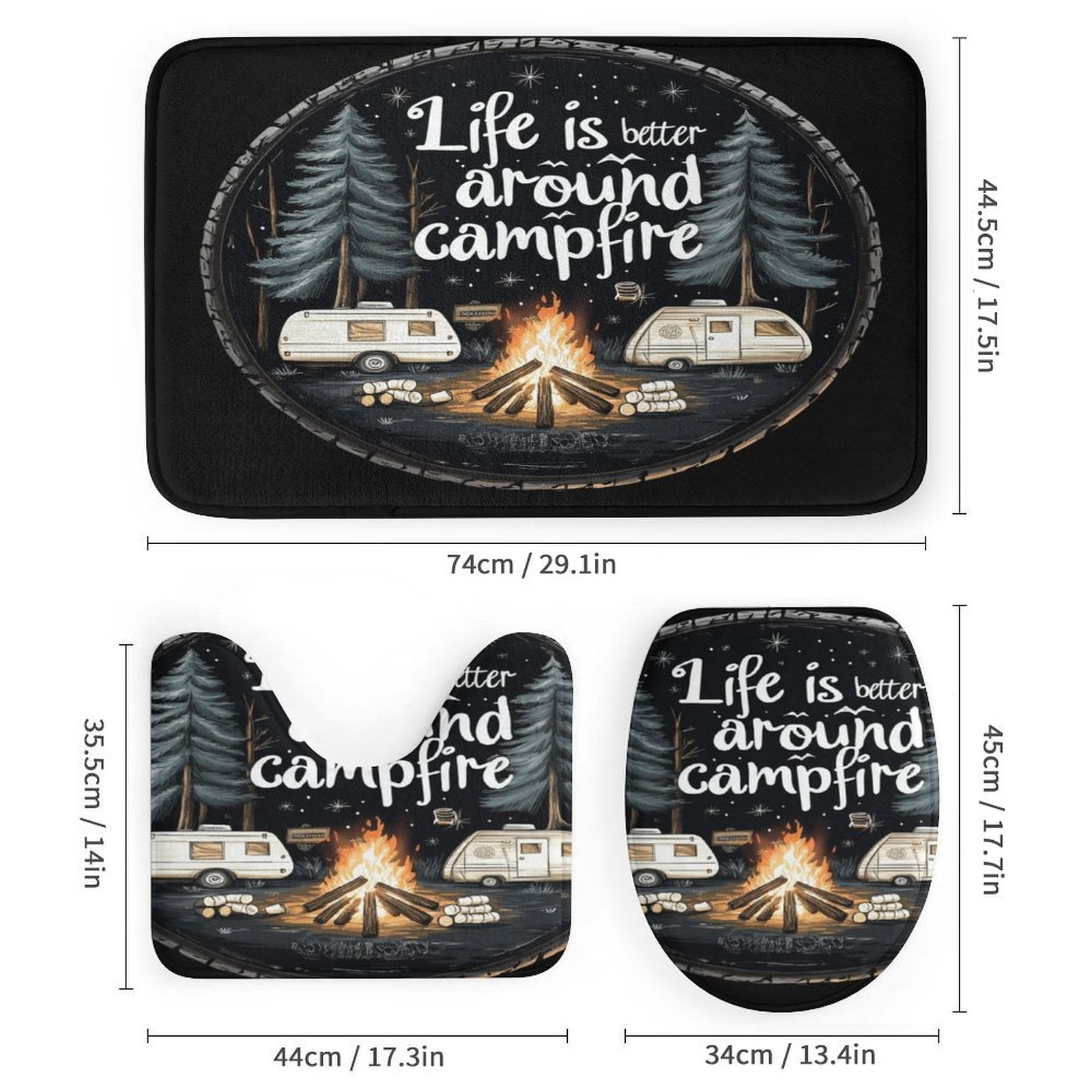 Life Is Better Around The Campfire Shower Curtain Sets 4 Piece with Non-Slip Rugs Toilet Lid Cover And Bath Mat Summer Camping Campfire Waterproof Personality Pattern Bath Curtain for Bathroom Decor