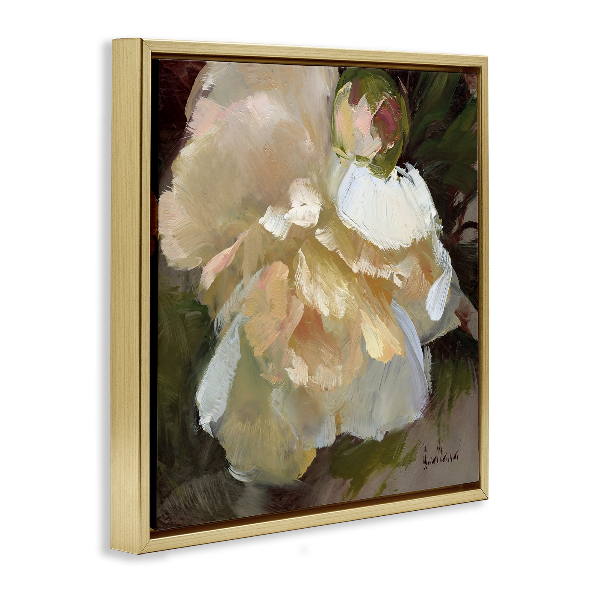 Stupell Industries Ruffled White Flower Plants & Flowers Painting Gold Floater Framed Canvas Art Print Wall Art, 25 x 25