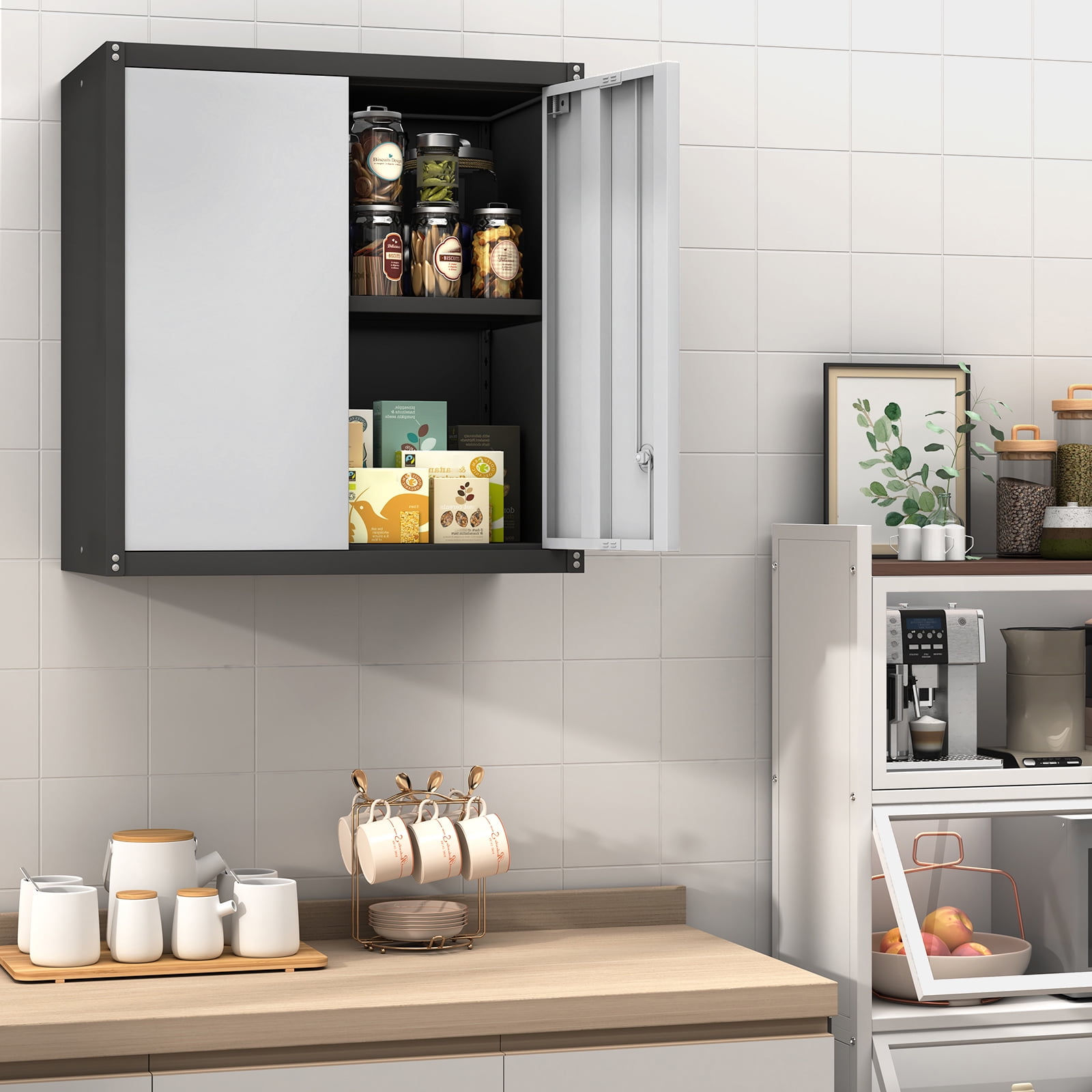 Marcree Metal Garage Wall Cabinet, 28" Wall Mount Storage Cabinets with Locking Doors and Shelf, Metal Small Storage Cabinets for Garage, Laundry Room, Kitchen, Pantry