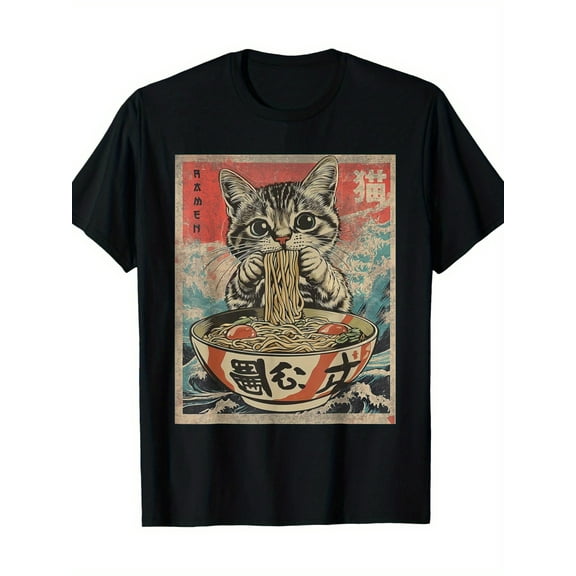 Cat Ramen Anime T-shirt For Men, 100% Fabric, Crew Neck, Short Sleeve, Regular Fit, Weekend Casual Wear, All-season Casual Wear, 180gsm - Ideal For Valentines New Year'S Day Father'S Day Christmas