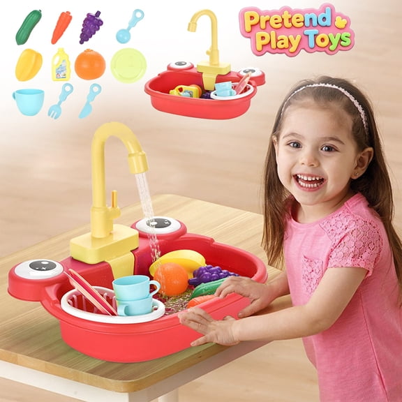Qocolcyl Play Sink Pretend Play Toys, Toddler Kids Automatic Circulating Water Dishwashing Playset with Play Fruits Tableware, Learning Toy, Imaginative Kitchen Role Play Kit for Boys Girls Ages 3 
