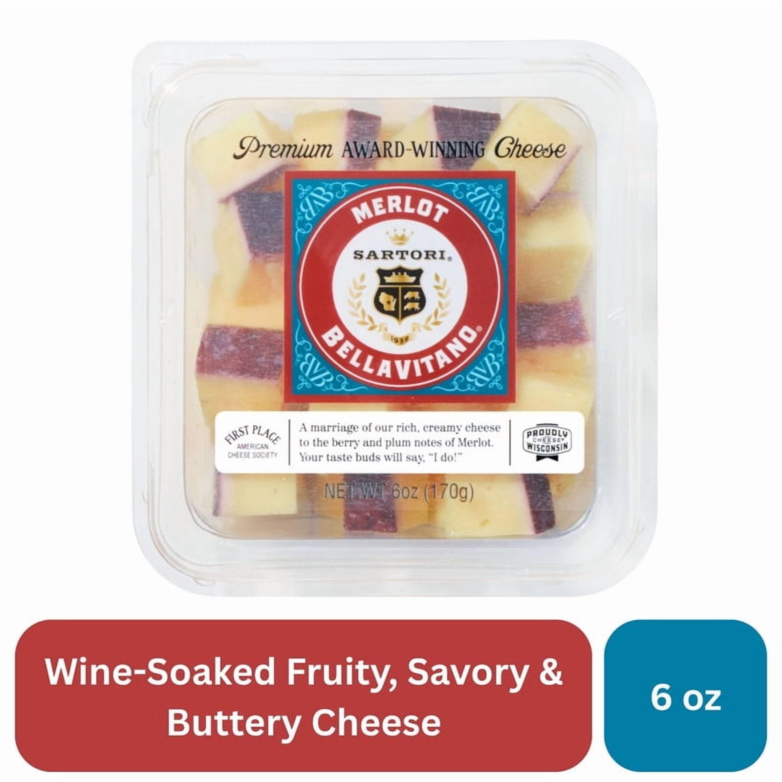 Sartori Merlot BellaVitano Cheese Cubes, Specialty Cheese, Aged Cheese, Fruity, Savory, Wine Soaked Cheese, Refrigerated