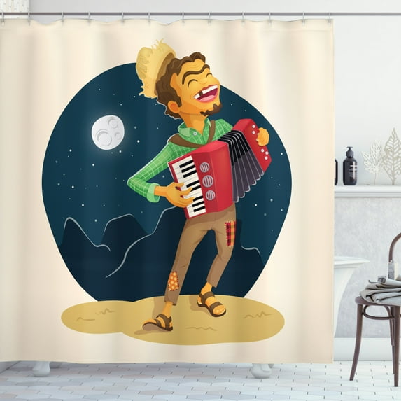 Music Shower Curtain, Cheerful Poor Peasant with Plaid Shirt and Patched Pants Playing Accordion in Night, Fabric Bathroom Set with Hooks, 69W X 75L Inches Long, Multicolor, by Ambesonne