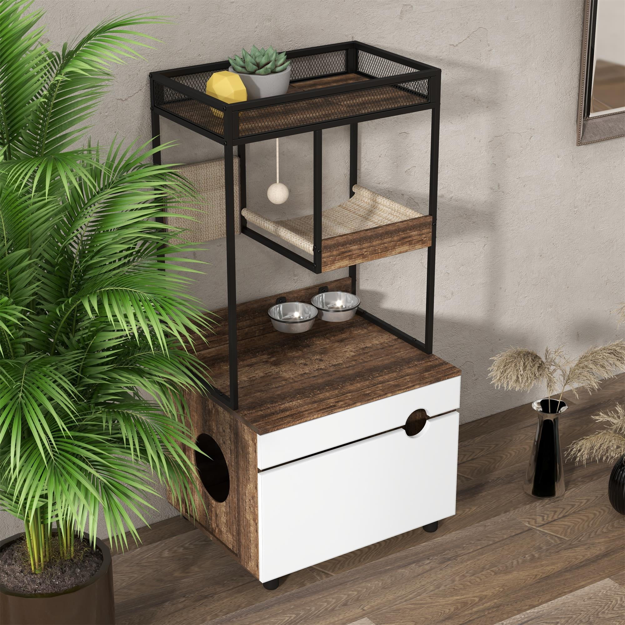 Pefilos 48" Hidden Cat Litter Box Enclosure Furniture with Cat Tree Tower, Iron and Wood Structure Privacy Cat House Washroom, Brown Pefilos 48" Hidden Cat Litter Box Enclosure Furniture with Cat Tree Tower, Iron and Wood Structure Privacy Cat House Washroom, Brown