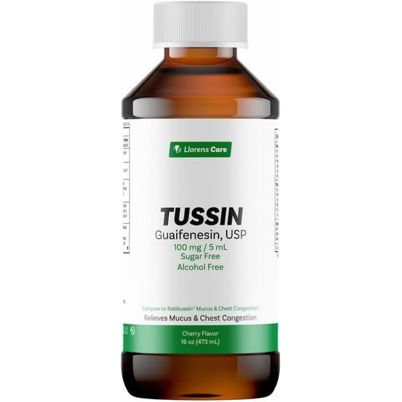 Guaifenesin Liquid Expectorant for Adults Solution by Llorens, Cherry Flavor Cough and Cold Suppressant for Adults, 16 oz