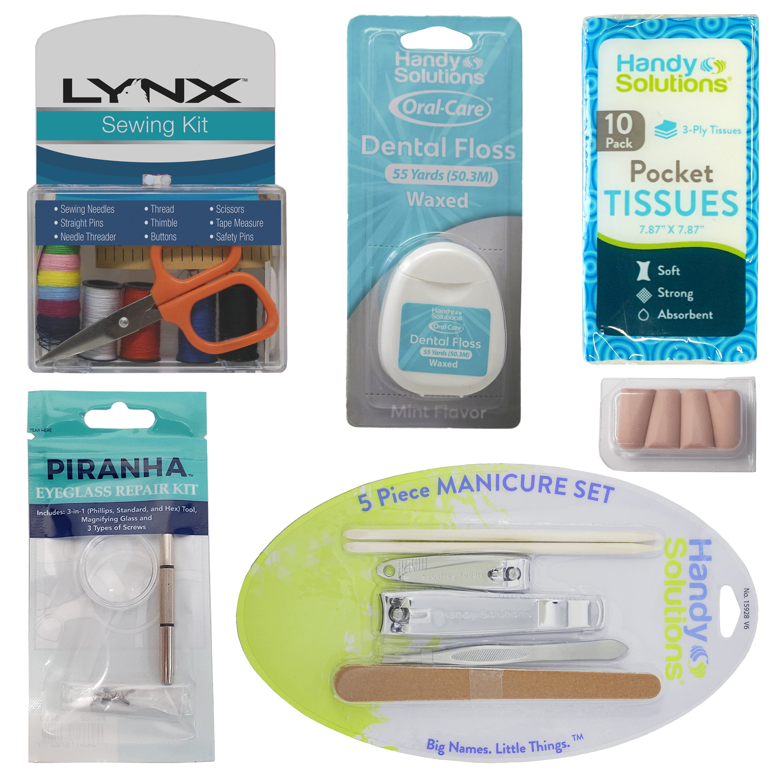 Handy Solutions Anywhere Essentials Travel Kit - 11 Piece Multi-Set with Manicure Set, Sewing Kit, Eyewear Repair, Shoelaces, Ear Plugs