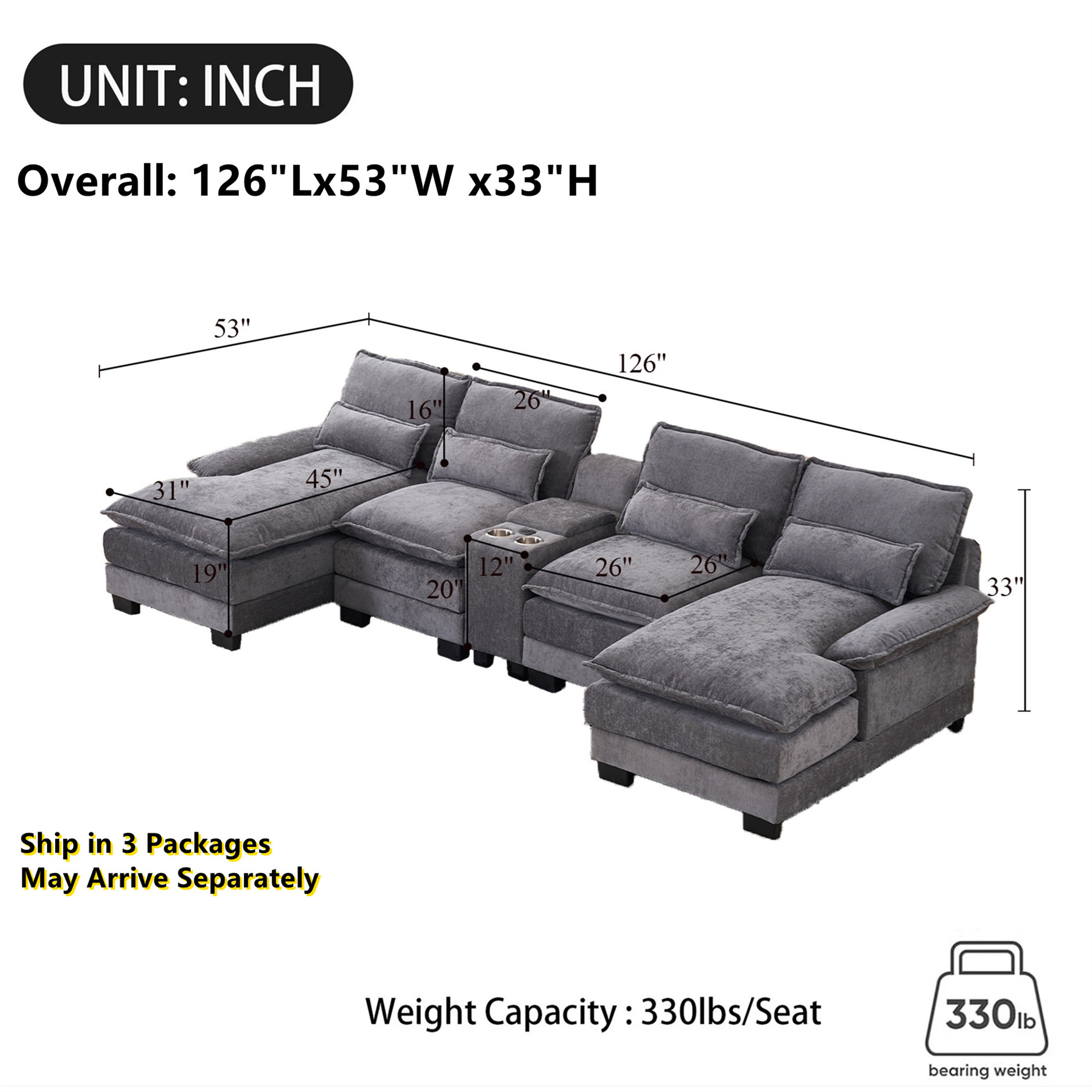 Aukfa 126" Oversized Sectional Sofa U-shaped Couch w/ Cupholder Console & USB Port for Living Room, Chenille, Gray