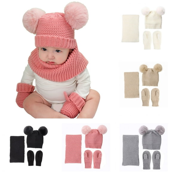 Limei 3Pcs/set Baby Winter Hat Warm Scarf Gloves Set Pompoms Knitted Beanie Mitten Scarves for Toddler Girl Boy (Pink)