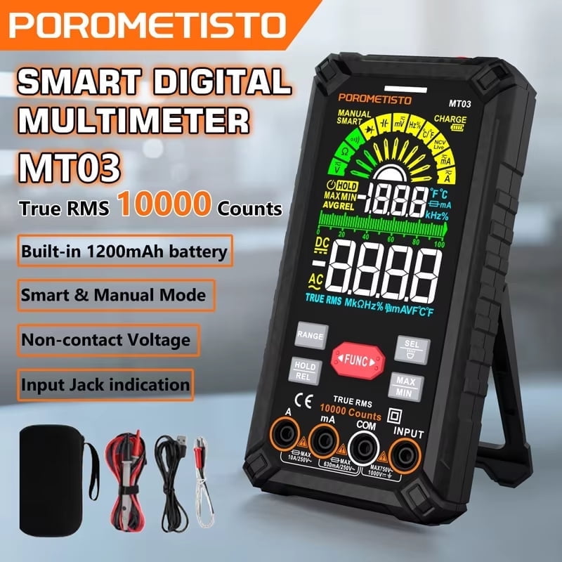 Smart Digital Multimeter, 10000 Counts, 1000V 10A, Non-Contact Voltage Detection, Auto Range, Buzzer Alarm Measures AC / DC Current, Voltage Capacitance Tester, Ohm, Hz, Capacitance, True RMS
