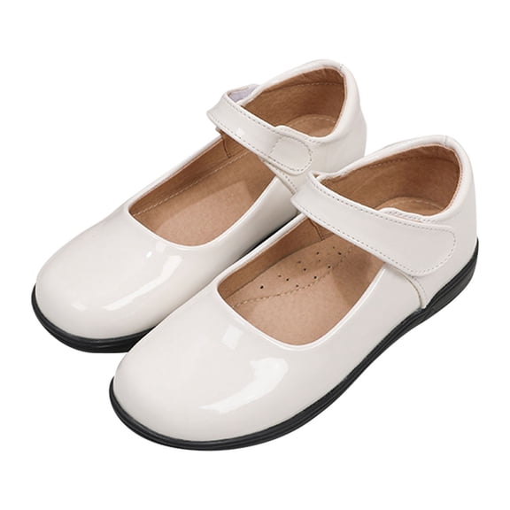 GiLiling Girls Mary Jane Flats, Adjustable Hook-and-Loop Strap Closed Toe Dress Shoes, Non Slip School Uniform mps for Kids (White, 15-15.5 Years)