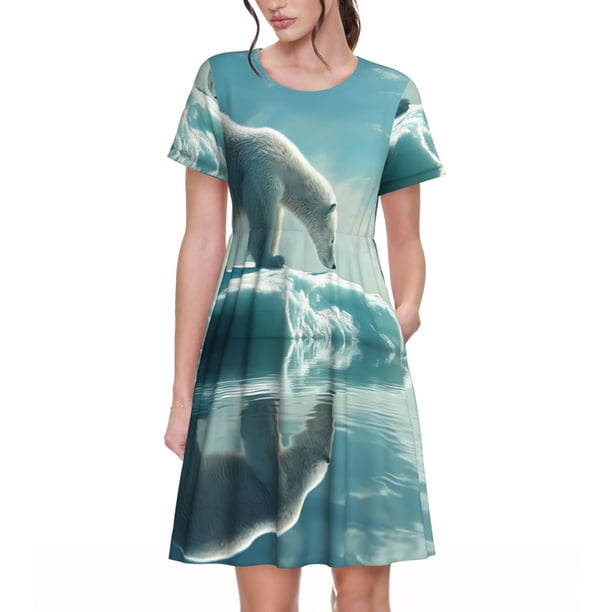 Balery Polar Bear On Iceberg Vestidos sueltos de manga corta para mujer, vestidos de verano 2025, vestidos casuales de corte A con vuelo.