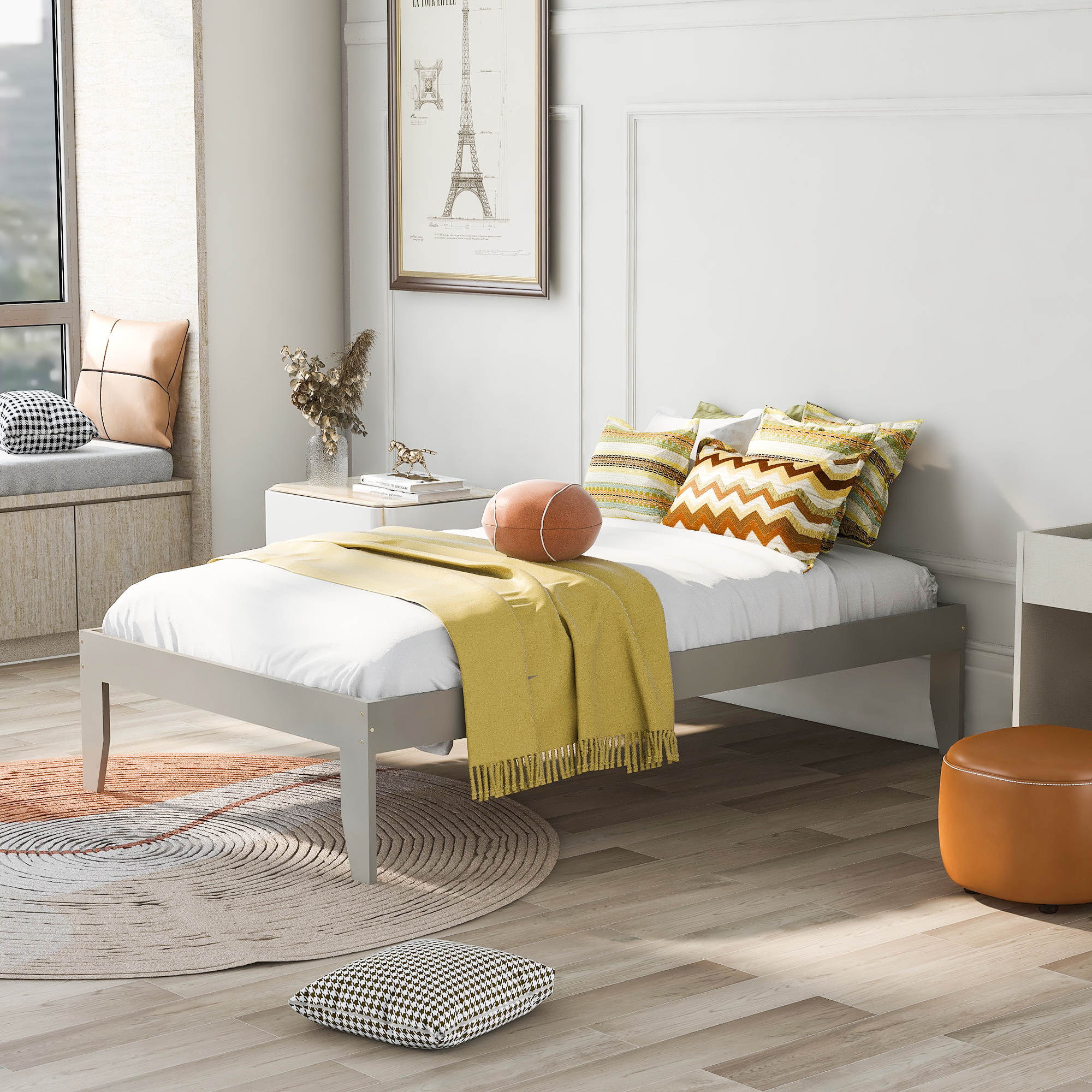 Easy to Assemble Children's Frame Pine Platform Bed Without Box Spring